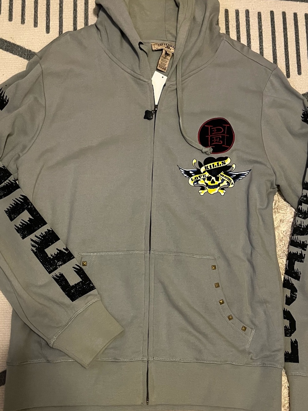 Ed Hardy Grey Rick&Roll Tour Zip-Up Hoodie with Scull Graphic& Stud detail NWT